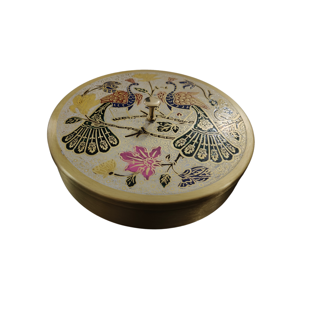 Brass Masala Box Set with Decorative Lid, 8 Pieces, Hand-Painted Peacock Design