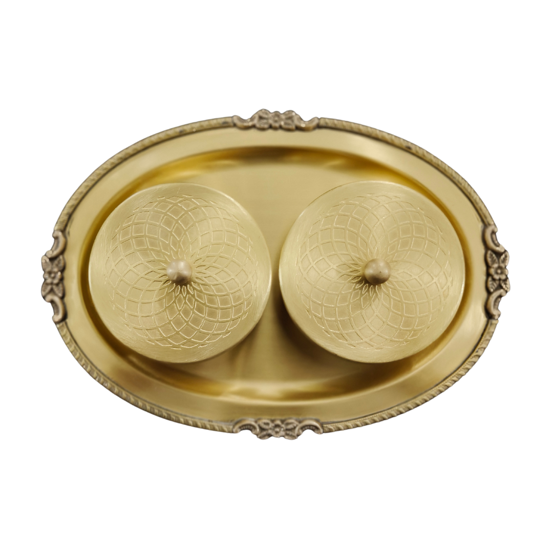 Elegant Brass Decorative Tray with Two Embossed Bowls – Perfect for Home Décor & Gifting