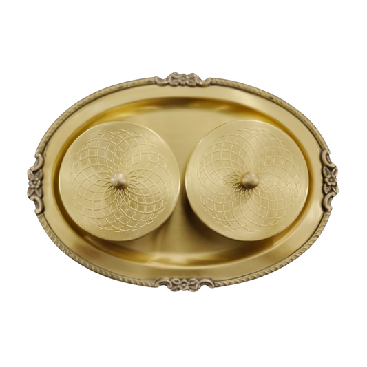 Elegant Brass Decorative Tray with Two Embossed Bowls – Perfect for Home Décor & Gifting