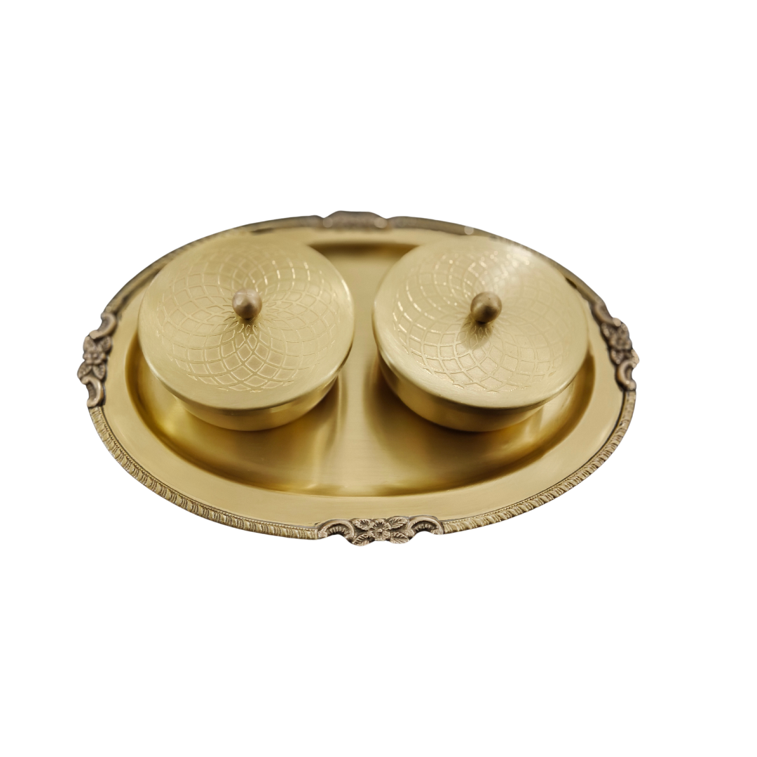 Elegant Brass Decorative Tray with Two Embossed Bowls – Perfect for Home Décor & Gifting