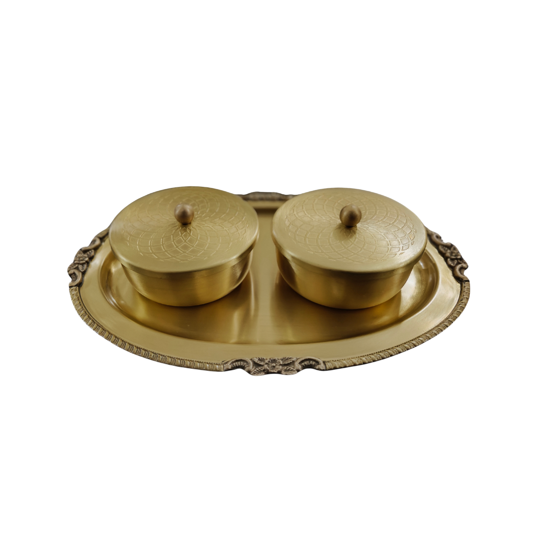 Elegant Brass Decorative Tray with Two Embossed Bowls – Perfect for Home Décor & Gifting